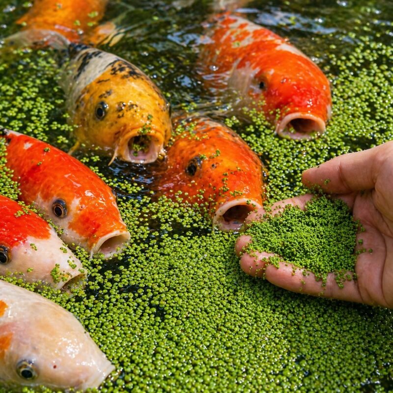 saiz kecil Wolffia globosa tumbuhan paling kecil dunia Wolffia globosa terapung di permukaan air akuarium" "Watermeal sebagai makanan ikan betta" "Close-up tumbuhan Wolffia globosa hijau" "Kolam ikan dengan tumbuhan terapung wolffia" "Cara menjaga wolffia dalam akuarium kecil"