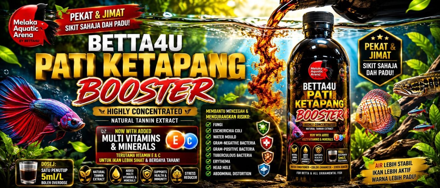 Betta4U Pati Ketapang Booster bottle with blackwater aquascape background and healthy Betta fish