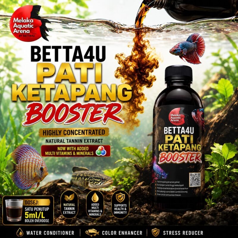 The Dark Side of the Betta Boom: Why Your Favorite Fish Needs More Than a Bowl 11 Betta4U Pati Ketapang Booster bottle with blackwater aquascape background and healthy Betta fish