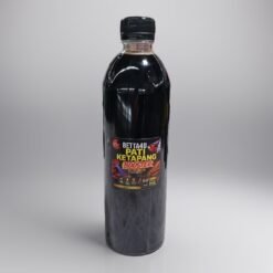 Betta4U Pati Ketapang Booster bottle with blackwater aquascape background and healthy Betta fish