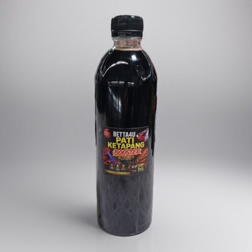 Betta4U Pati Ketapang Booster bottle with blackwater aquascape background and healthy Betta fish