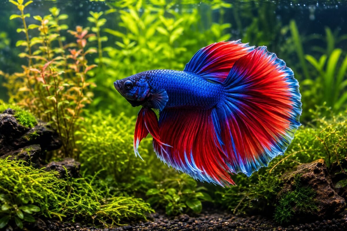 Vibrant betta fish swimming in a planted aquarium