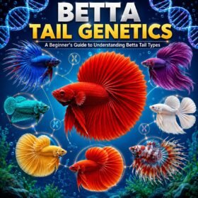 Comparison of eight popular Betta tail types including Halfmoon, Crowntail, Veiltail, Plakat, Double Tail, Delta, Super Delta, and Rosetail illustrating beginner-friendly betta tail genetics.