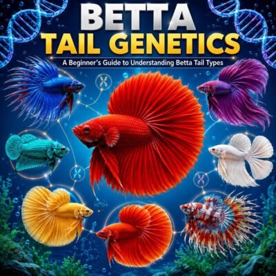 Comparison of eight popular Betta tail types including Halfmoon, Crowntail, Veiltail, Plakat, Double Tail, Delta, Super Delta, and Rosetail illustrating beginner-friendly betta tail genetics.