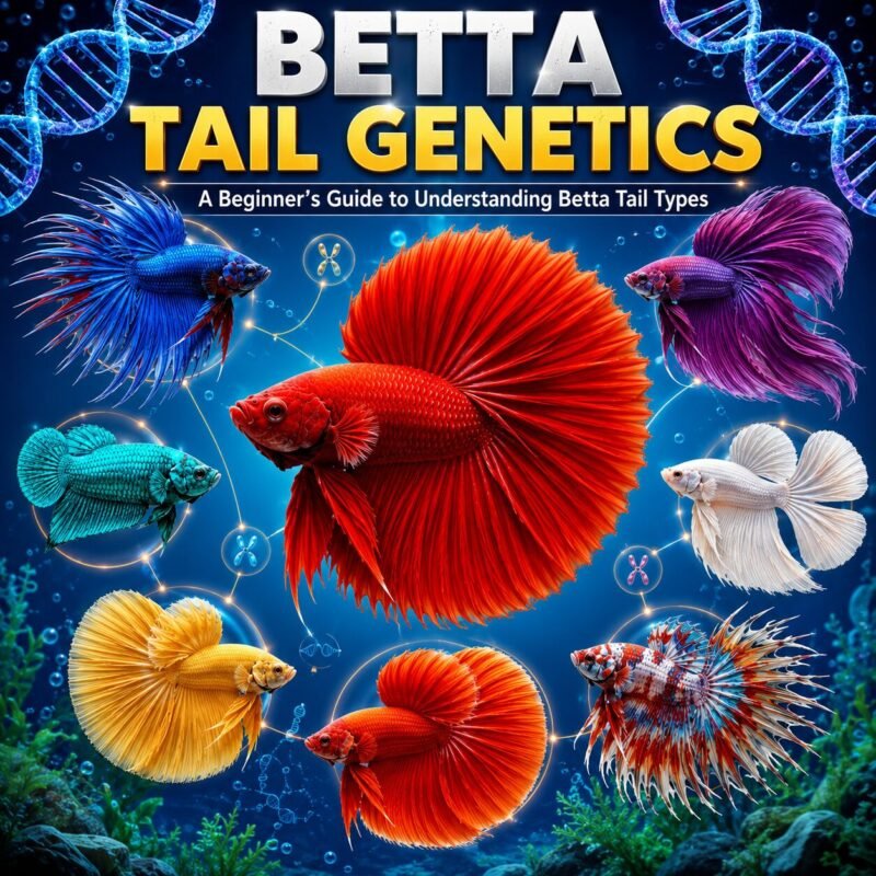 Comparison of eight popular Betta tail types including Halfmoon, Crowntail, Veiltail, Plakat, Double Tail, Delta, Super Delta, and Rosetail illustrating beginner-friendly betta tail genetics.