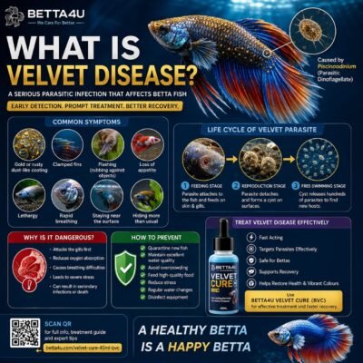 What Is Velvet Disease in Betta Fish? Causes, Symptoms, Treatment & Prevention 1 What Is Velvet Disease. Betta fish infected with Velvet Disease Gold dust appearance on betta fish Clamped fins caused by Velvet Disease Healthy betta fish after Velvet Disease treatment Symptoms of Velvet Disease in betta fish.