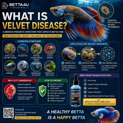 What Is Velvet Disease in Betta Fish? Causes, Symptoms, Treatment & Prevention 1 What Is Velvet Disease. Betta fish infected with Velvet Disease Gold dust appearance on betta fish Clamped fins caused by Velvet Disease Healthy betta fish after Velvet Disease treatment Symptoms of Velvet Disease in betta fish.