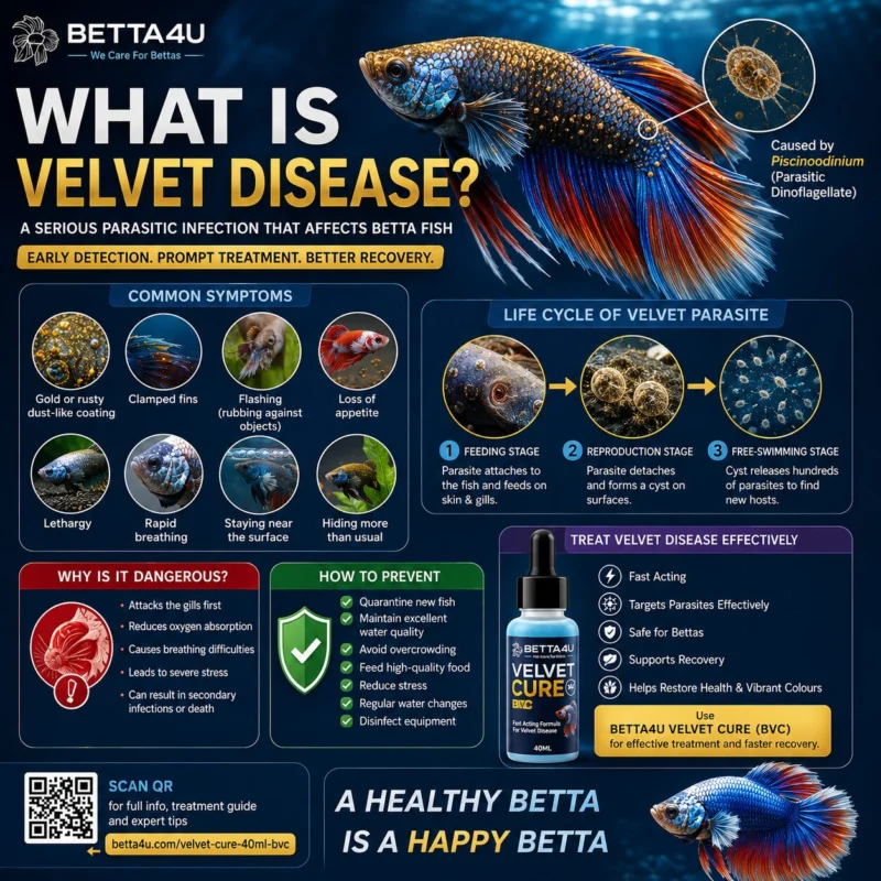 What Is Velvet Disease. Betta fish infected with Velvet Disease Gold dust appearance on betta fish Clamped fins caused by Velvet Disease Healthy betta fish after Velvet Disease treatment Symptoms of Velvet Disease in betta fish.